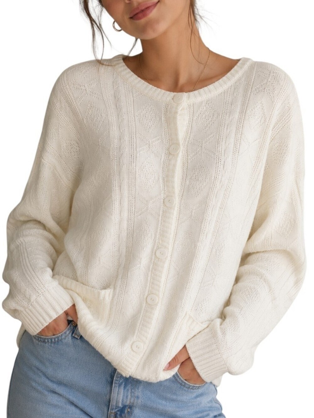 Cable Knit Cardigan Women Large Cream